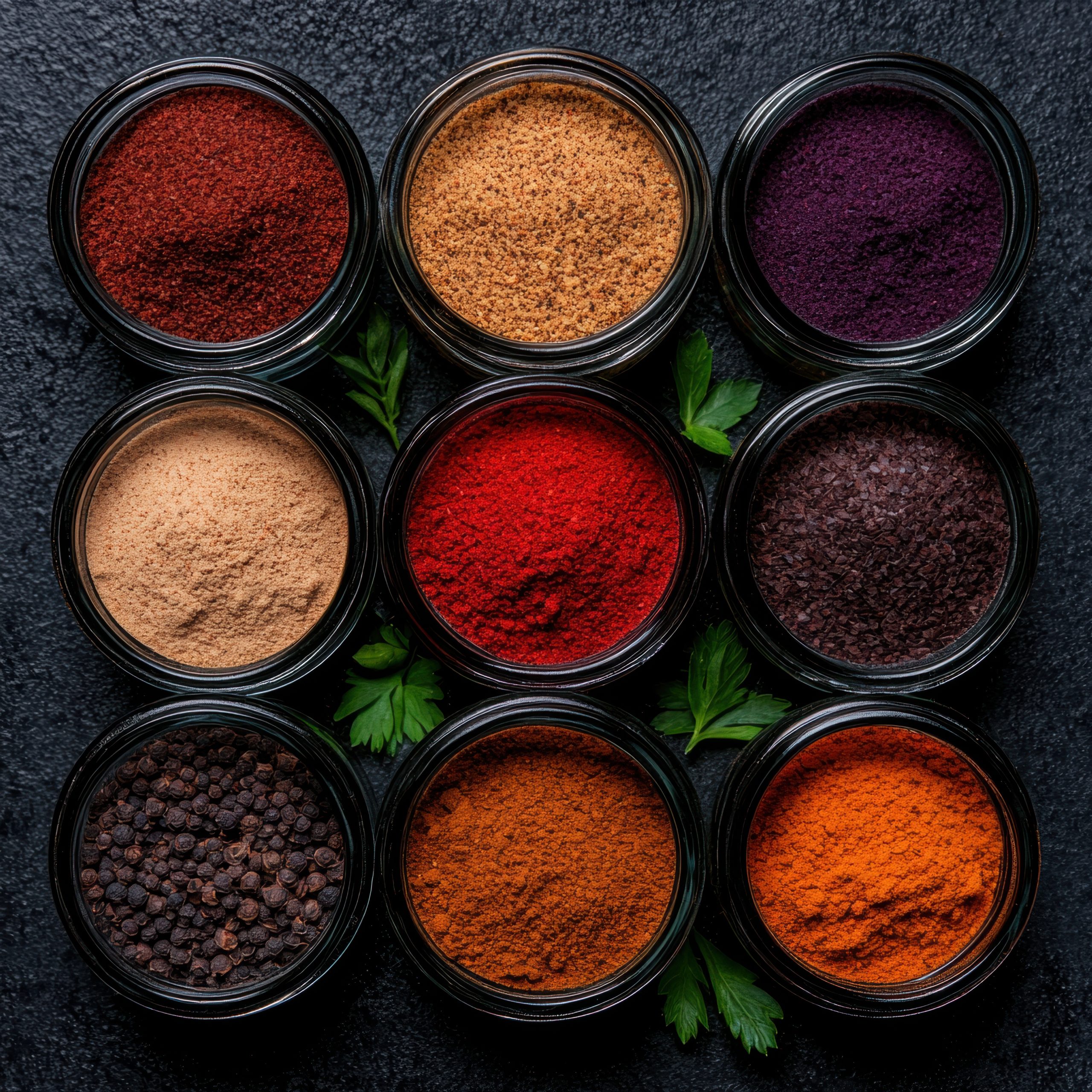 a-large-assortment-of-spices-in-glass-jars-on-dark-background